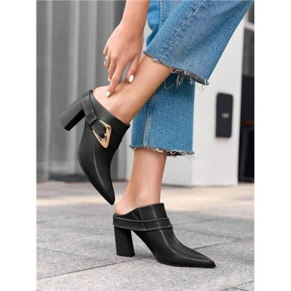 Chunky Heel Pointed Toe Mules Booties Slip On Ankle Boots Dress Shoes Women - Picture 2 of 6